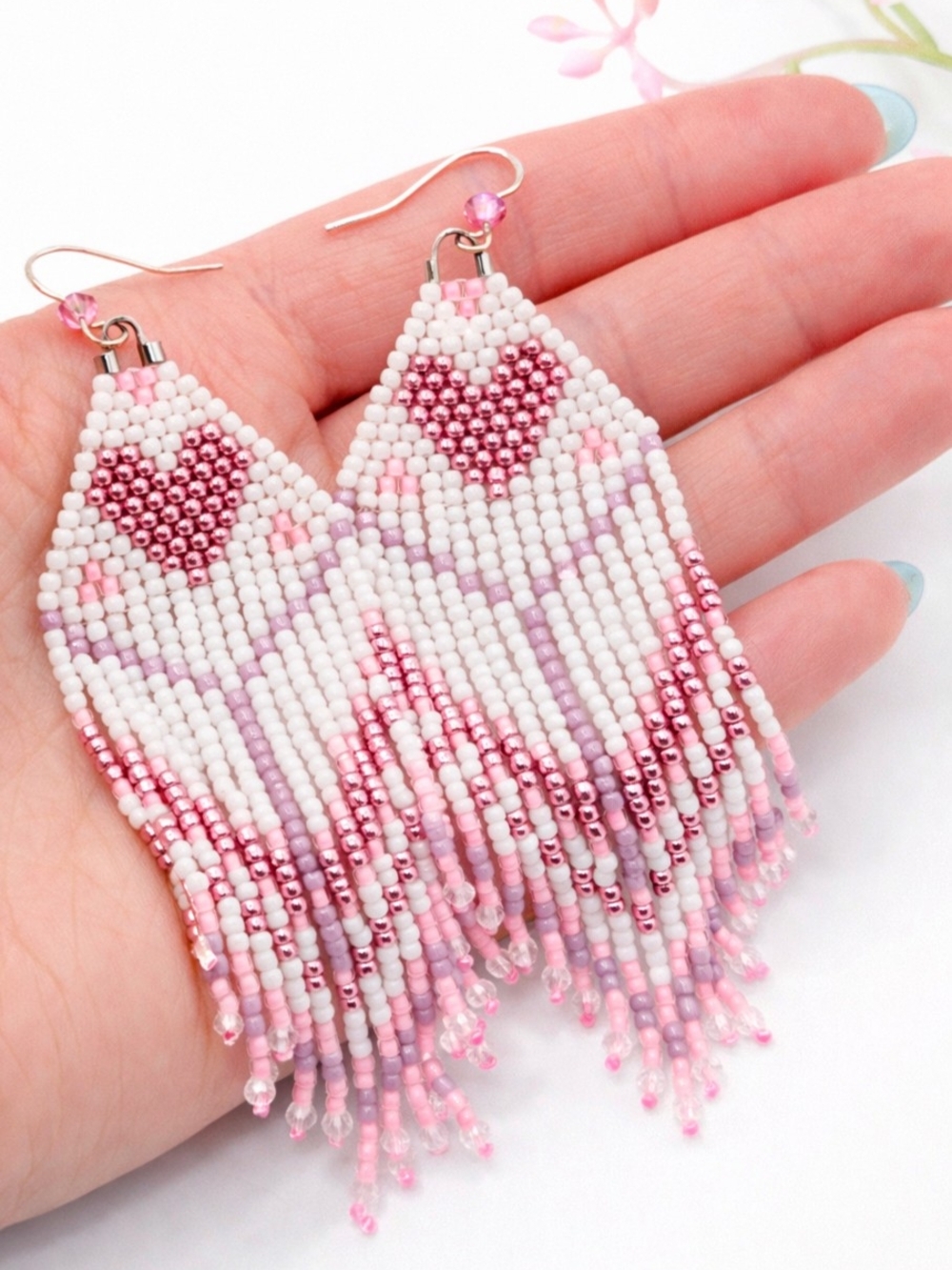 Handmade Pink Heart Seed Bead Fringe Earrings - Women Jewelry